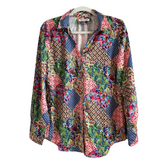 Paparazzi Mesh Print Rouched Button Up Front Patchwork Blouse Top Womens Size M - Picture 1 of 13